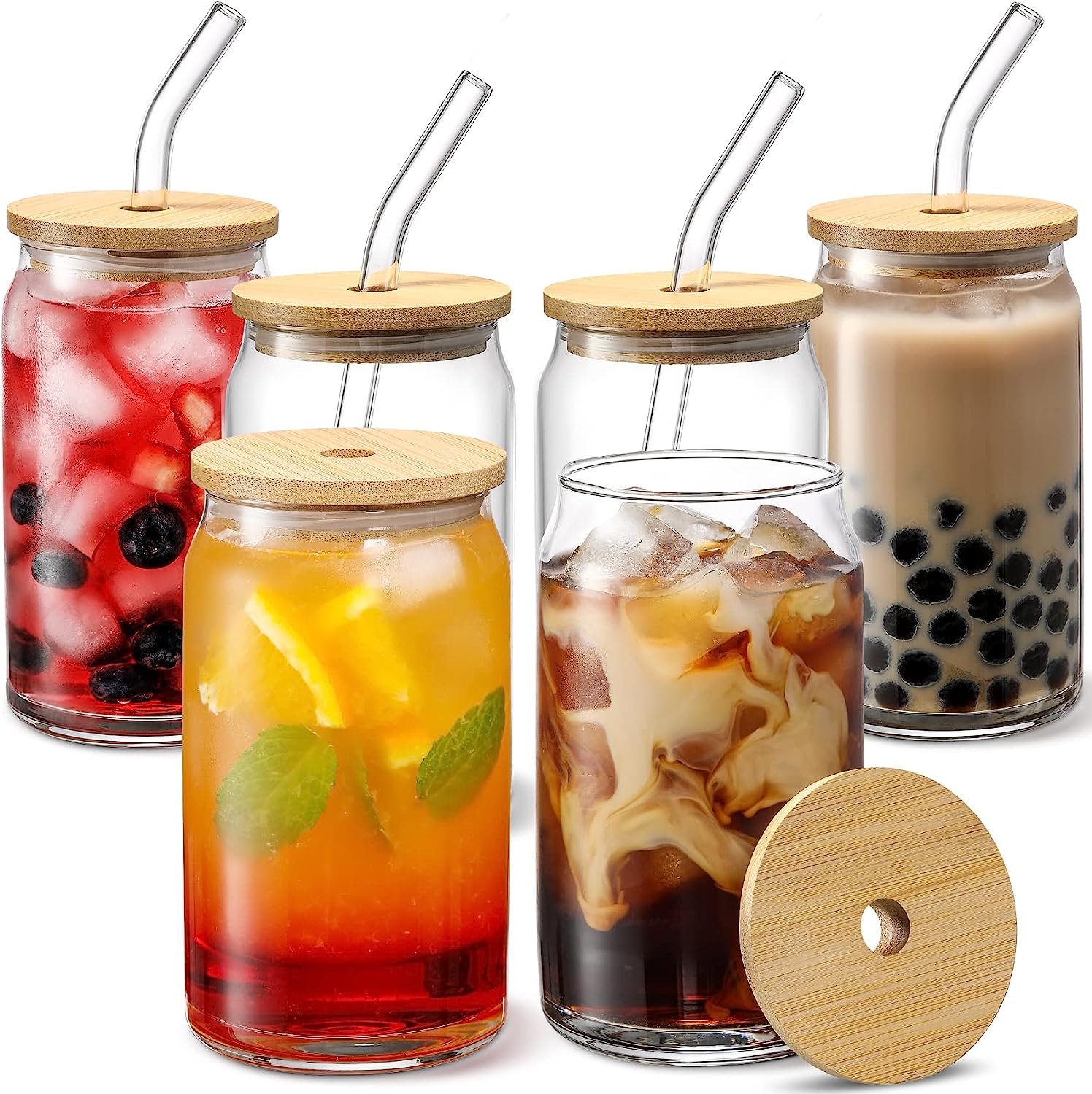 [ 6pcs Set ] Glass Cups with Bamboo Lids and Glass Straw - Beer Can Shaped Drinking Glasses, 16 oz Iced Coffee Glasses, Cute Tumbler Cup for Smoothie, Boba Tea, Whiskey, Water - 2 Cleaning Brushes - Image 1